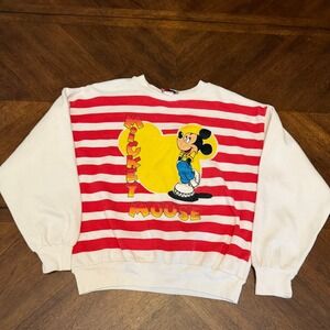 Vintage Disney by Pilgrim Mickey Mouse Striped Sweatshirt Red White USA Large